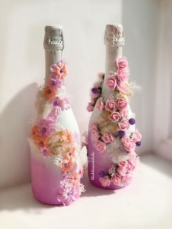 Свадебное оформление бокалов, шампанского, свечей