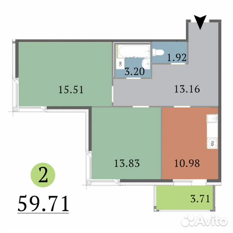 2-к квартира, 60 м², 2/3 эт.