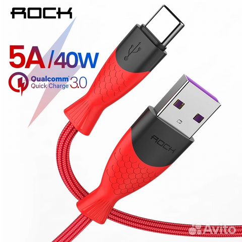 Кабель Rock USB type C 5A. Красный, черный