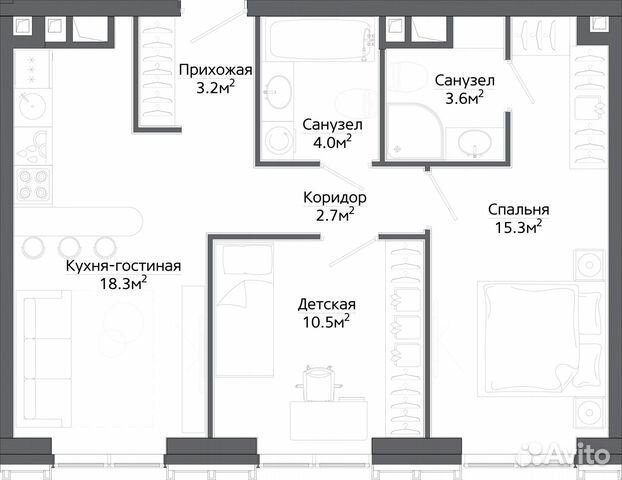 2-к квартира, 57.6 м², 9/30 эт. 2-к квартира, 57.6 м², 9/30 эт.