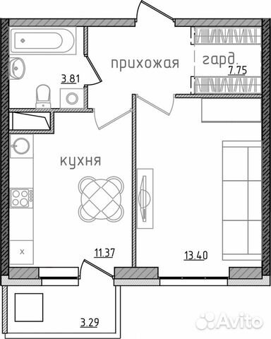1-к квартира, 36.3 м², 9/19 эт.