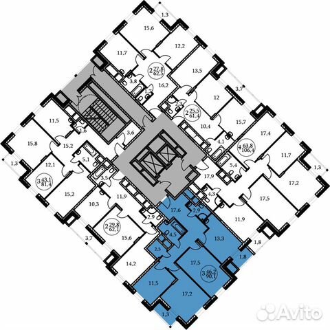 3-к квартира, 90.1 м², 3/17 эт.