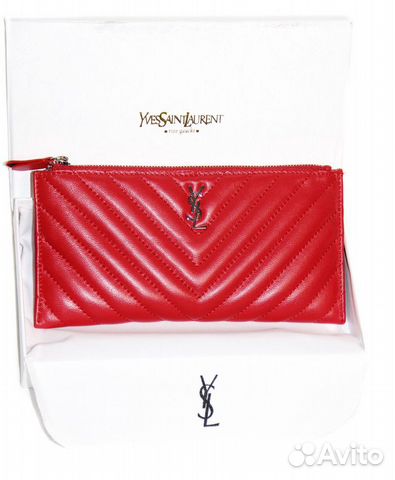 Кожаный женский кошелек на молнии YSL RED new