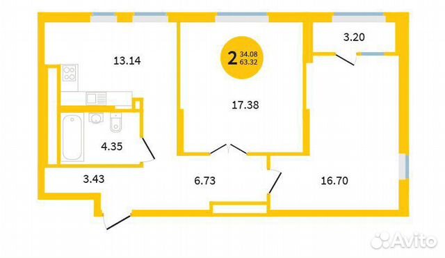 2-к квартира, 63.3 м², 15/19 эт. 2-к квартира, 63.3 м², 15/19 эт.