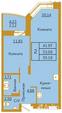 2-к квартира, 55.2 м², 3/18 эт.