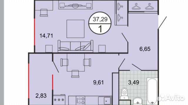 1-к квартира, 38 м², 4/7 эт.