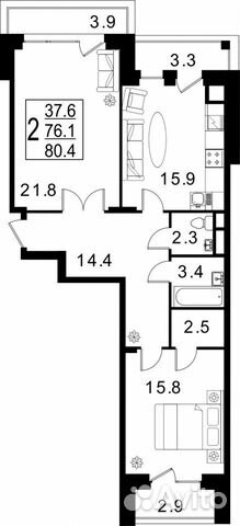 2-к квартира, 80.4 м², 2/3 эт.