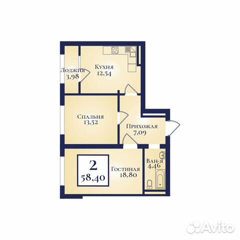 2-к квартира, 58.4 м², 14/16 эт.