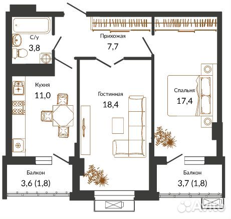 2-к квартира, 61.8 м², 4/24 эт. 2-к квартира, 61.8 м², 4/24 эт.
