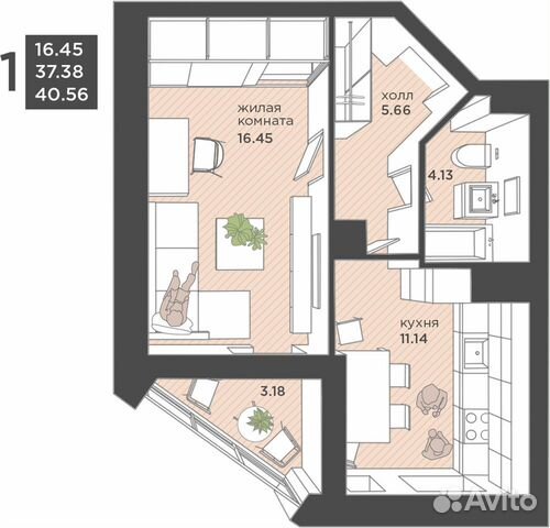 1-к квартира, 40.6 м², 4/25 эт.
