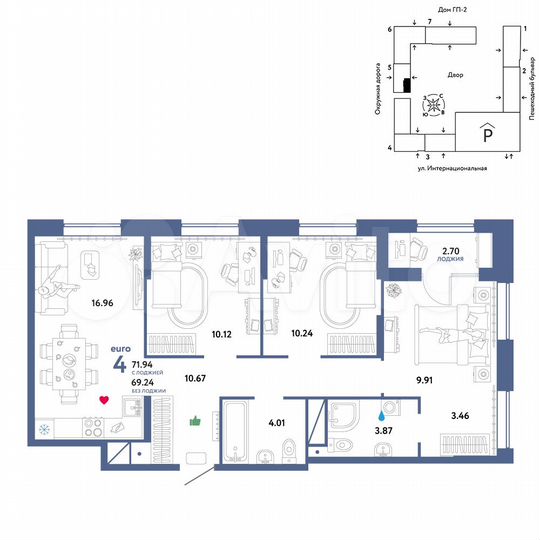 4-к. квартира, 71,9 м², 10/16 эт.