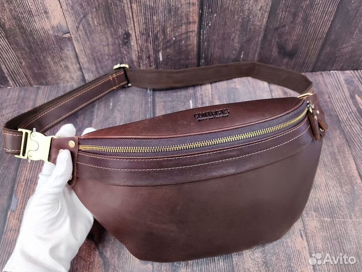 Сумка мужская на пояс бананка, воловья кожа