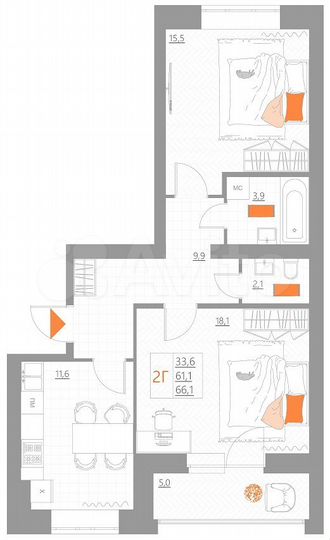 2-к. квартира, 66,1 м², 5/5 эт.