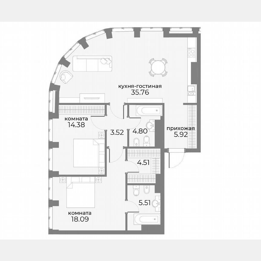 3-к. апартаменты, 95,5 м², 8/20 эт.