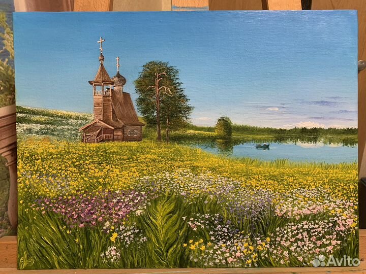 Картина маслом летний пейзаж храм