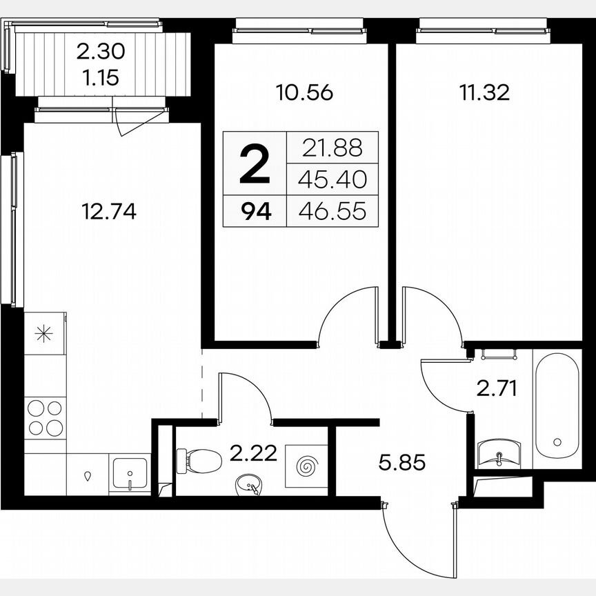 2-к. квартира, 46,6 м², 7/9 эт.