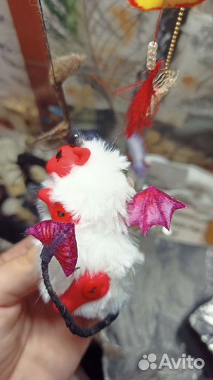 Котик демон -брелок игрушка в смешанной технике