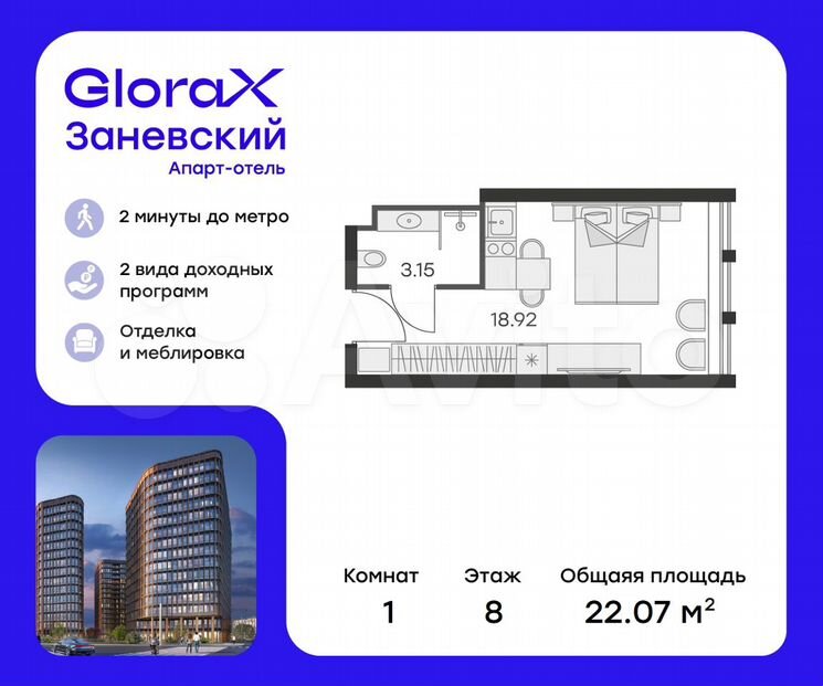 Апартаменты-студия, 21,4 м², 8/15 эт.