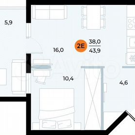 1-к. апартаменты, 43,9 м², 6/7 эт.