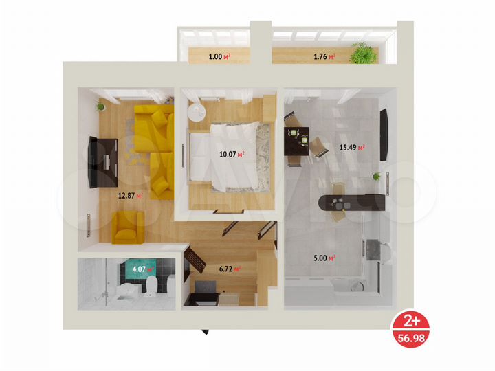 2-к. квартира, 57 м², 1/16 эт.