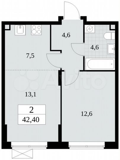 2-к. квартира, 42,4 м², 2/16 эт.