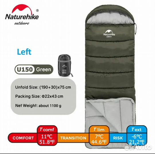Мешок спальный Naturehike U150, зелёный (новый)