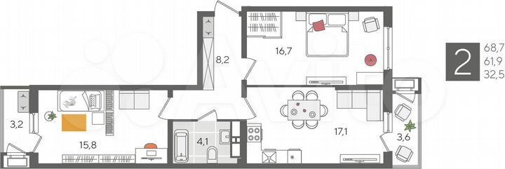 2-к. квартира, 68,7 м², 15/24 эт.