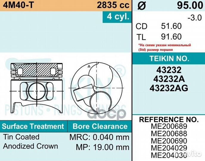 Поршни (к-т 4шт) STD 4M40 pajero '90-'04