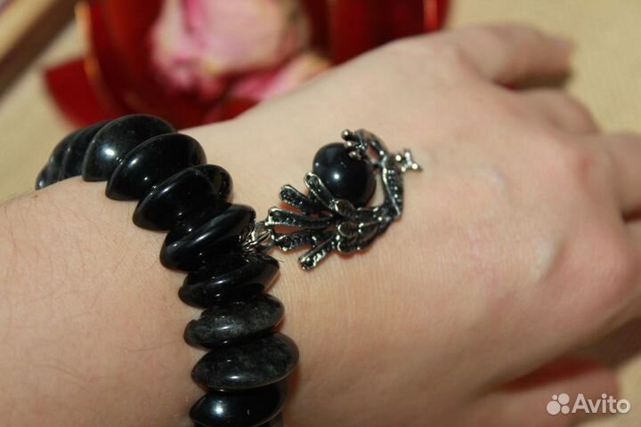 Браслет из натурального черного агата с подвеской