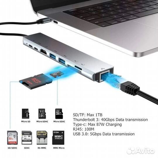 Type-C хаб 8в1 (USB-C, USB3.0, hdmi, RJ45, SD, TF)