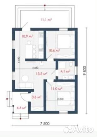 Дом площадью 58.4м² (9.8м х 7.5м)