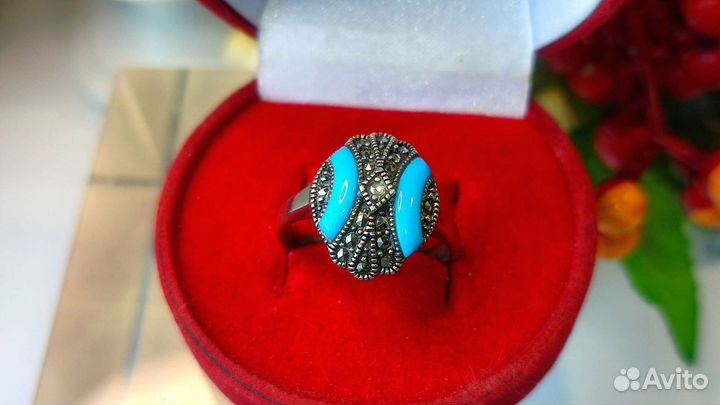 Винтаж СССР кольцо бирюза и марказиты 19,5 раз 925
