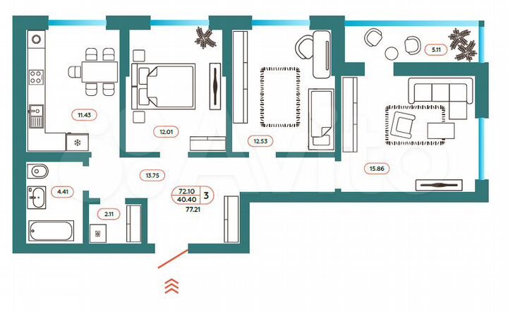 3-к. квартира, 77,2 м², 1/8 эт.