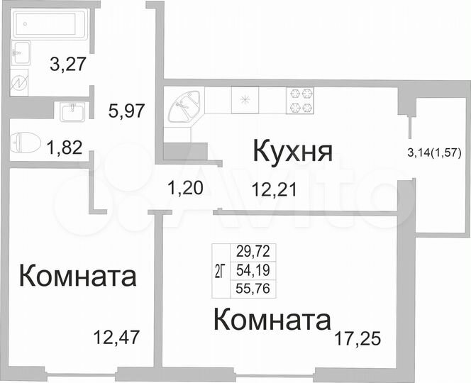 2-к. квартира, 55,8 м², 6/9 эт.