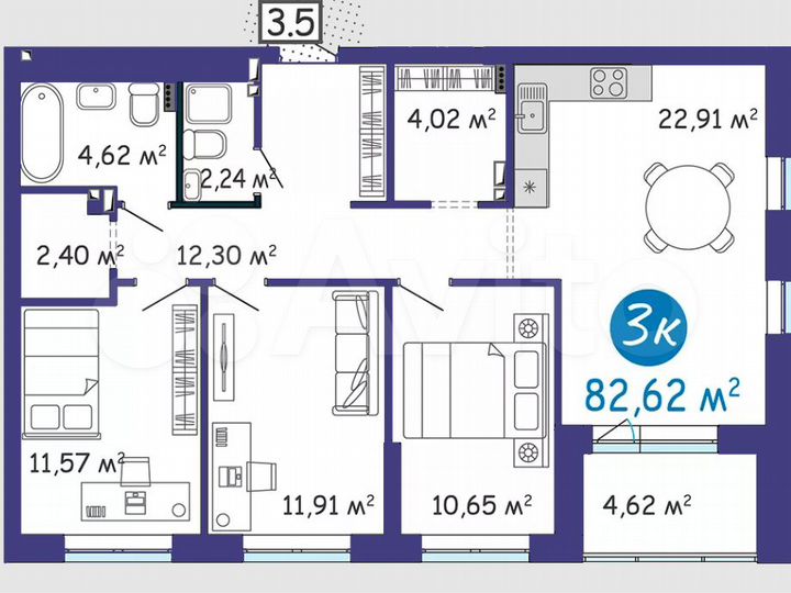 3-к. квартира, 82,6 м², 5/24 эт.