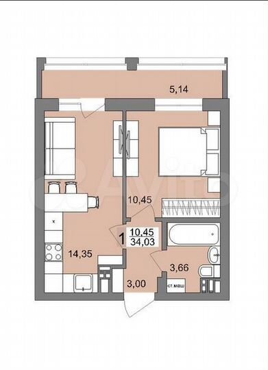 1-к. квартира, 34,2 м², 11/16 эт.