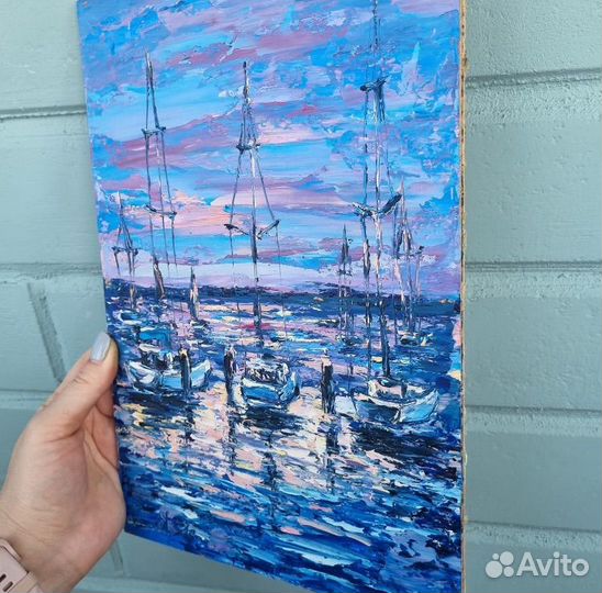 Картина маслом морской пейзаж лодки яхты море