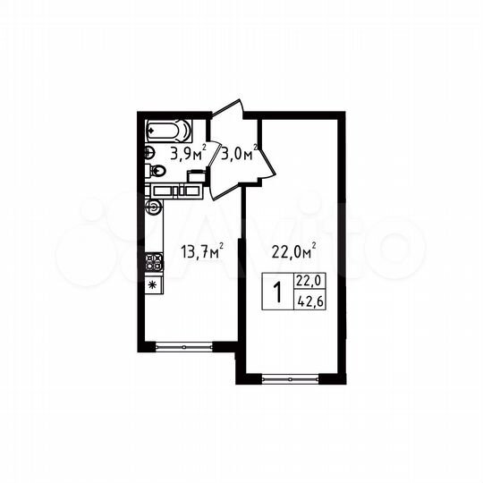 1-к. квартира, 42,6 м², 8/9 эт.
