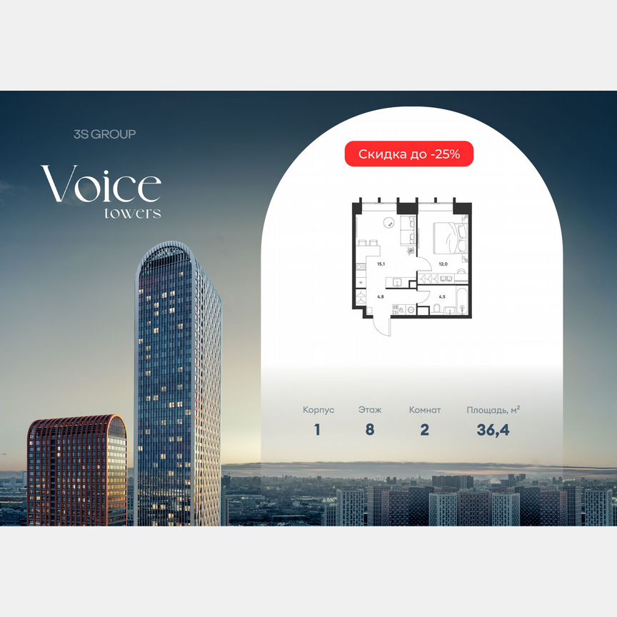 1-к. квартира, 36,4 м², 8/33 эт.