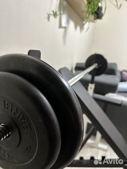 Скамья для жима со стойками штангой гантели W гриф