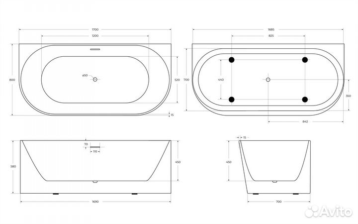 Ванна BelBagno BB412-1700-800-matt 170x80 см акрил