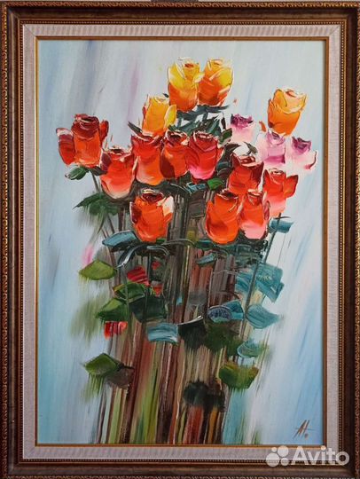 Картина масло холст 82*62 цветы розы букет