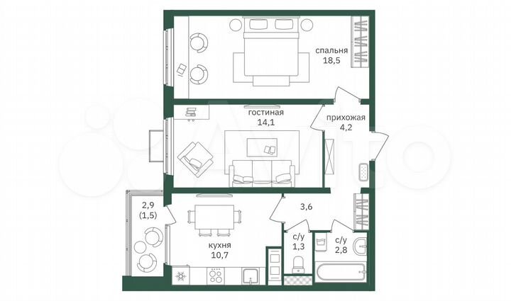 2-к. квартира, 56,8 м², 7/19 эт.
