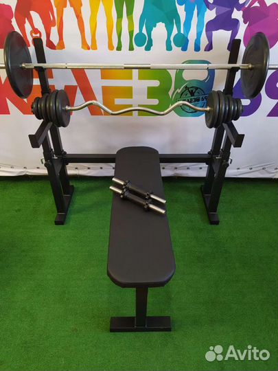 Скамья для жима,стойки,штанга прямая и w 73кг,гант