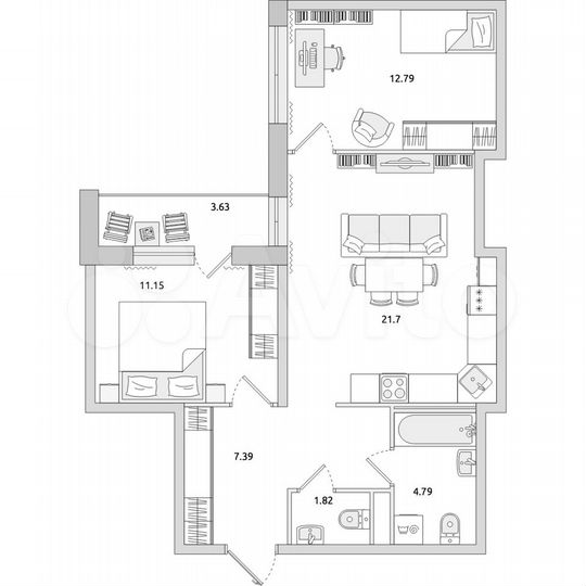 2-к. квартира, 65,7 м², 13/21 эт.