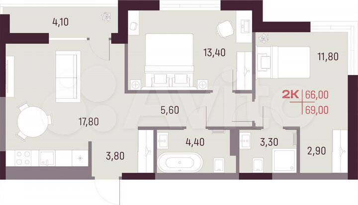 2-к. квартира, 66 м², 8/25 эт.