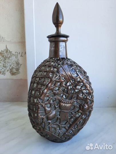 Старинный графин бутылка штоф в медной оплетке 