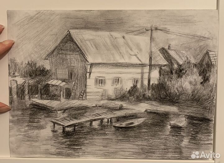 Рисунок карандашом дом с мостиком