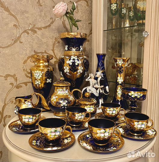 Сервиз чайный Богемия (кобальт) винтаж. Статуэтка