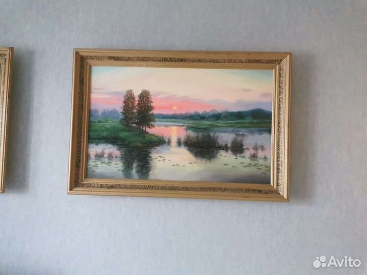 Картина, масло, озеро, рыбалка, подарок